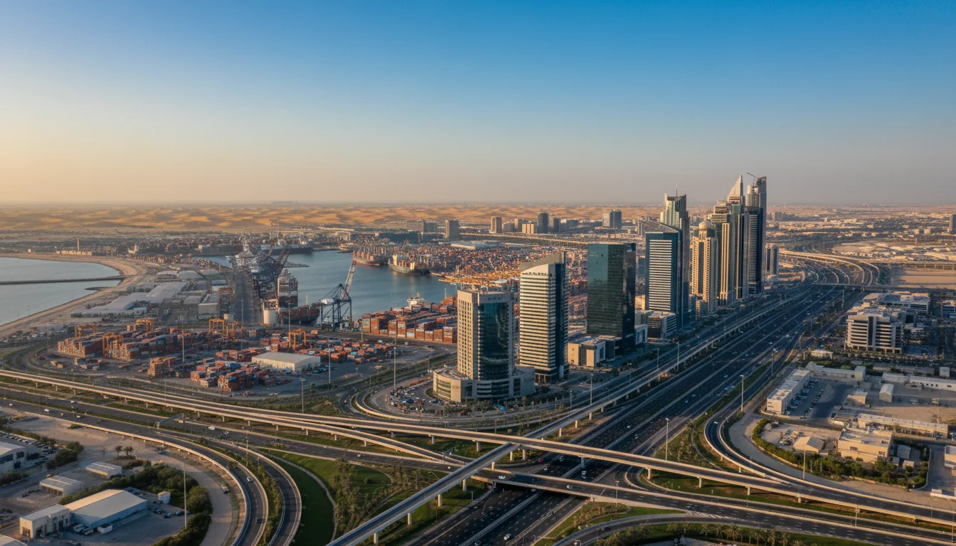 مشهد جوي لناطحات سحاب حديثة وميناء حاويات وشبكة طرق سريعة متداخلة، تبرز خلفها الكثبان الرملية الصحراوية تحت سماء صافية.