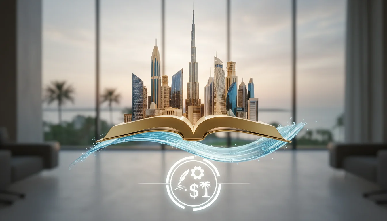 صورة فنية سريالية لكتاب ذهبي مفتوح تبرز من صفحاته ناطحات سحاب مدينة دبي بما فيها برج خليفة، تطفو فوق موجة مائية زرقاء، مع شعار دائري يضم أيقونات (ريشة، ترس، دولار، نخلة) في الأسفل، وخلفية لمكتب عصري واسع يطل على البحر.