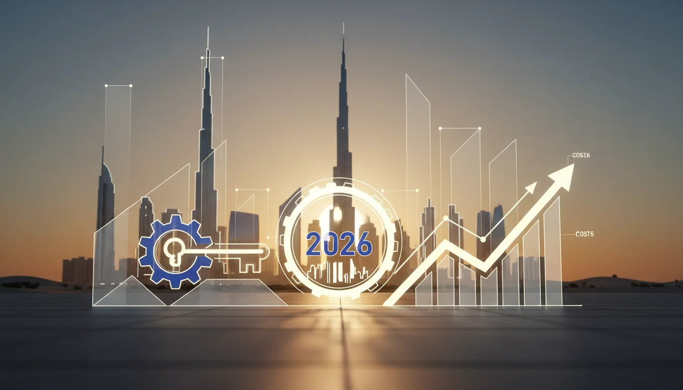 نص بديل مقترح: **رسم رقمي لأفق مدينة دبي يضم ناطحات سحاب عند الغروب، يتوسطه رقم 2026 داخل ترس، مع رموز لمفتاح وسهم بياني صاعد، مما يرمز للنمو الاقتصادي والرؤية المستقبلية.