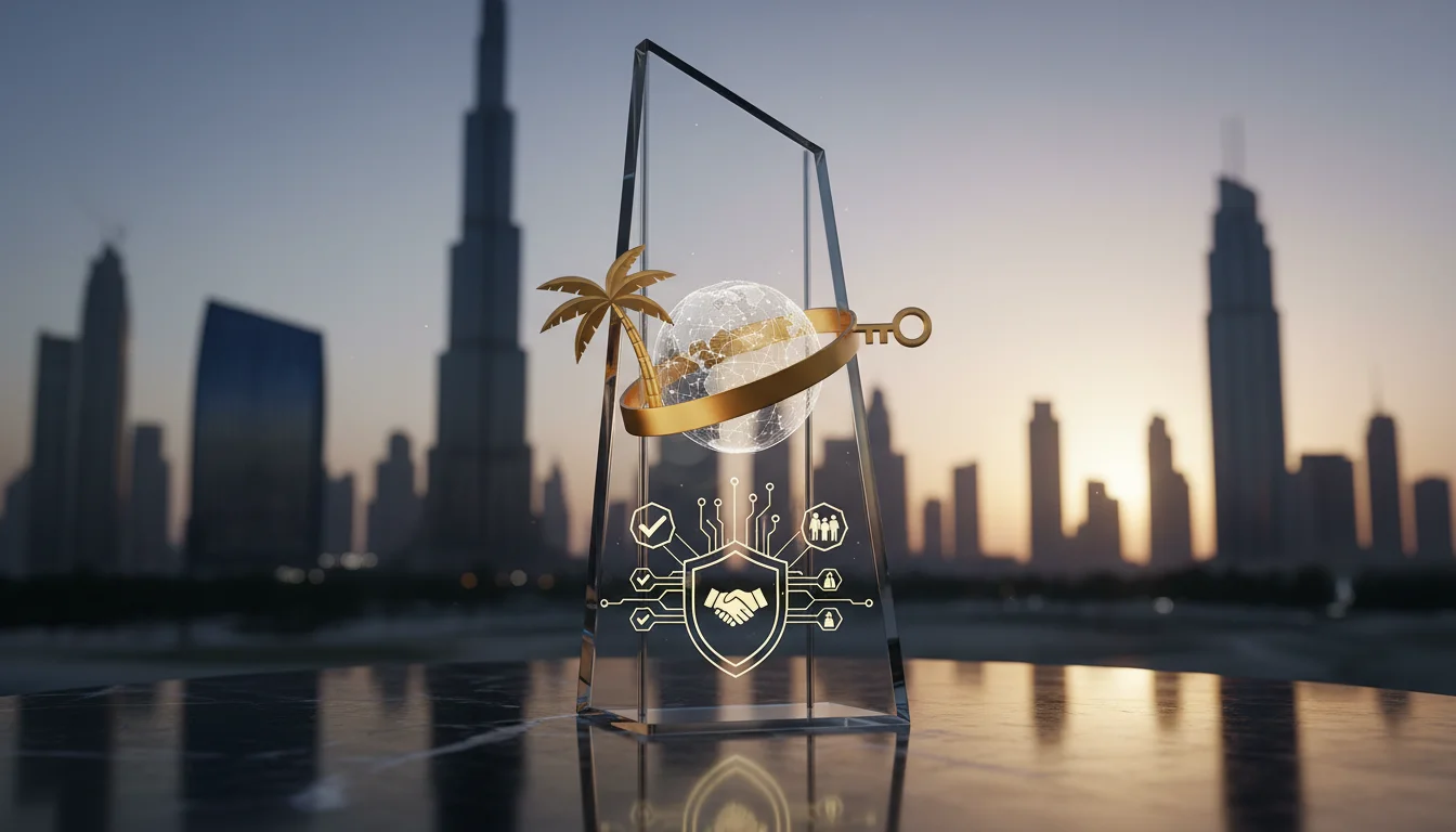 جائزة زجاجية شفافة مزينة برموز ذهبية تشمل نخلة ومفتاحاً وكرة أرضية، مع شعار لمصافحة داخل درع، موضوعة أمام أفق مدينة دبي وبرج خليفة وقت الغروب.