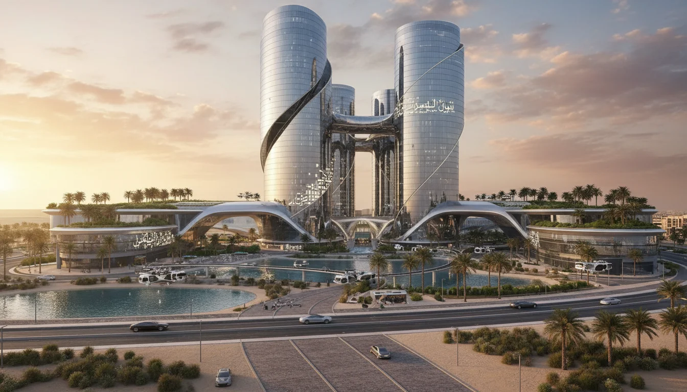 نص بديل: "تصميم معماري مستقبلي لبرجين زجاجيين شاهقين متصلين بجسر علوي، يحيط بهما واحة حضرية تضم مساحات خضراء وبحيرات اصطناعية ووسائل نقل ذكية في بيئة صحراوية وقت الغروب".