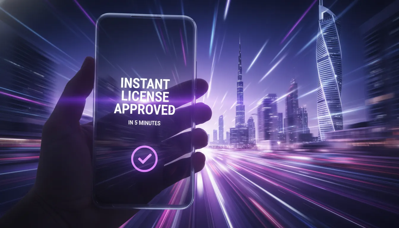 Hand holding a transparent smartphone displaying 'Instant License Approved' and 'In 5 Minutes' with a stopwatch icon, set against a blurred, high-speed cityscape with purple light trails, conveying modern efficiency.