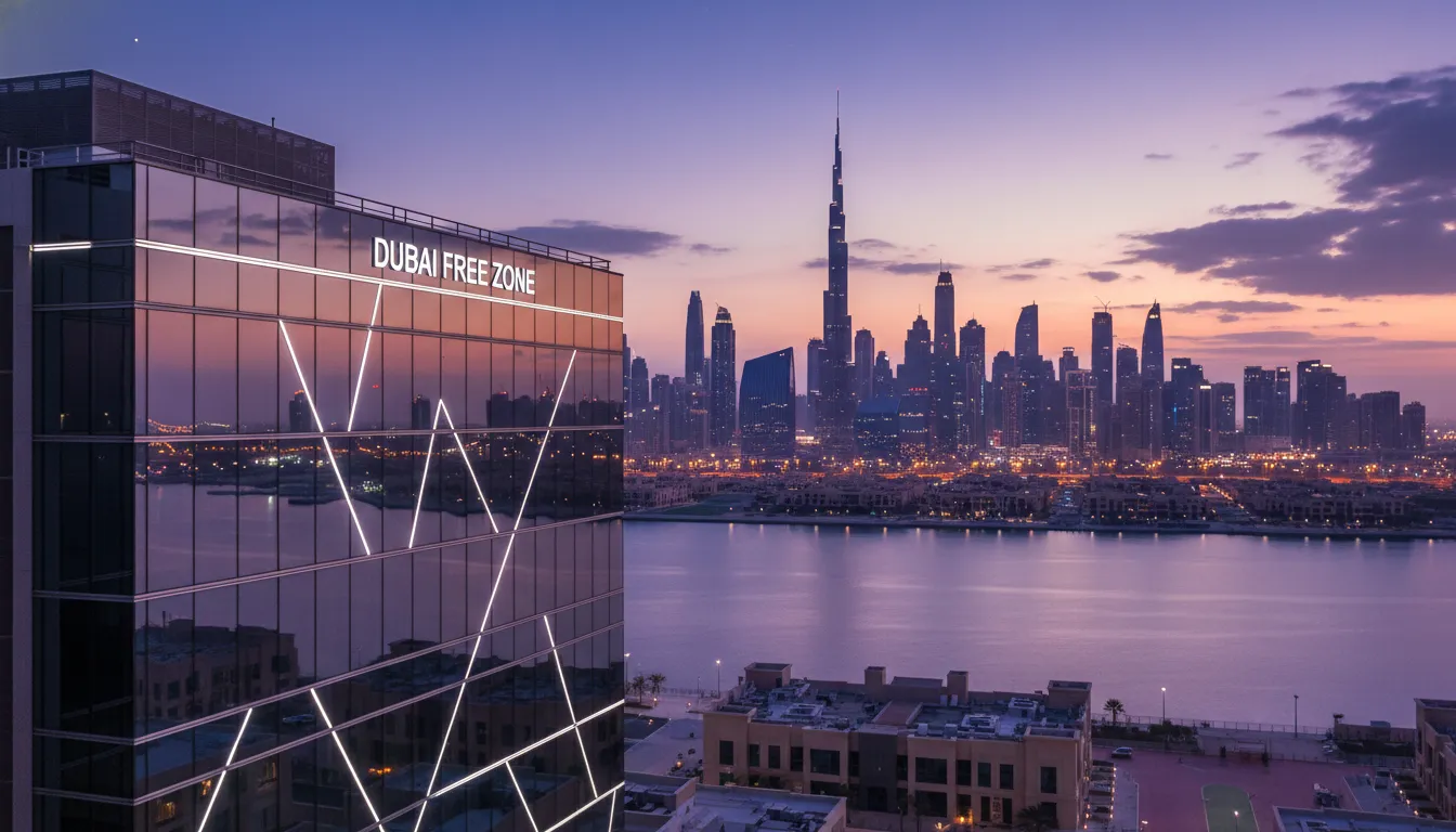 A striking purple-toned nighttime image of Dubai's futuristic skyline, featuring the illuminated Burj Khalifa and other skyscrapers reflected in a foreground lake. A modern glass building with bright geometric patterns stands prominently on the right. Overlay text reads "DUBAI: FUTURE HORIZONS, A NEW ERA OF INNOVATION."