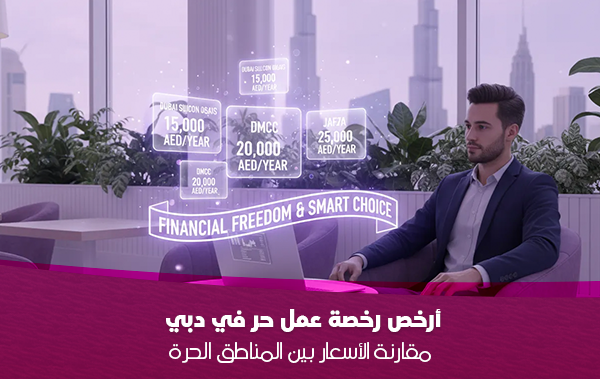 A hand holds a Dubai freelance work permit against a vibrant sunset backdrop of the Dubai skyline, with the overlaid text "UNLOCK YOUR POTENTIAL: FREELANCING IN DUBAI."